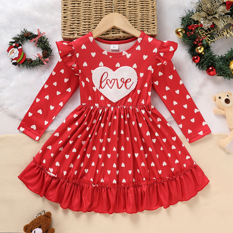 Robe fille «LOVE» brodée cœurs manche longue volants