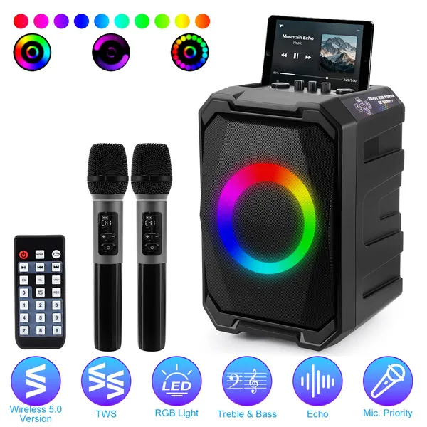 Haut-parleur sans fil portable LED 2 micros
