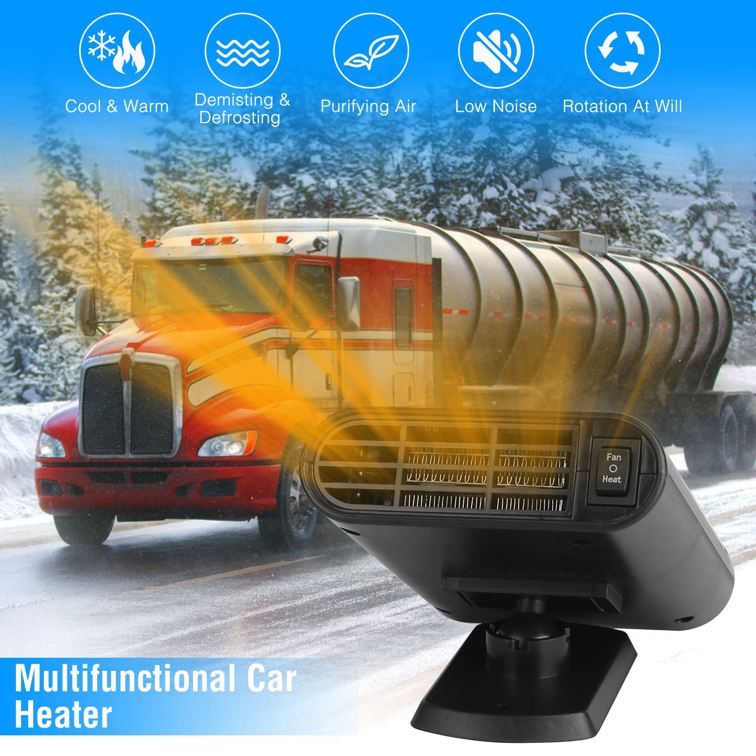Chauffage auto 12V 150W 2 en 1 dégivreur base rotative 360°