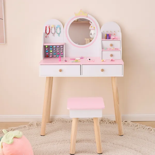 Coiffeuse enfant MDF couronne rose, 4 tiroirs
