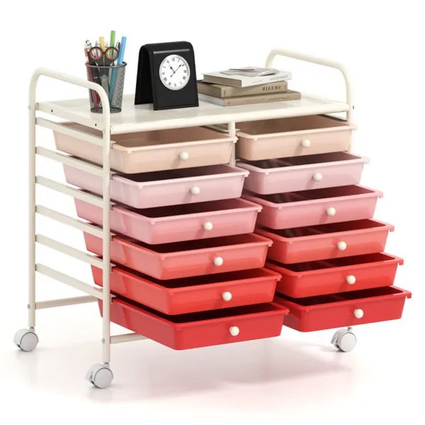 Chariot rangement 12 tiroirs cadre blanc tiroirs rose