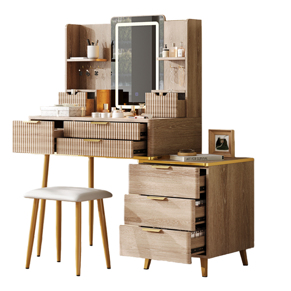 Coiffeuse 7 tiroirs miroir LED, tabouret PU, rangement bijoux chambre