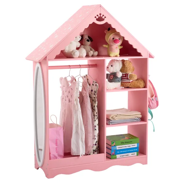 Garde-robe enfant MDF rose blanc étoiles, 3 étages, miroir