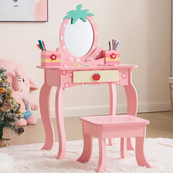 Coiffeuse enfant MDF rose 1 tiroir 2 surfaces stockage