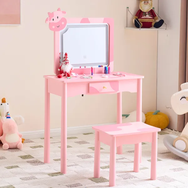 Table toilette enfant MDF rose motif vache