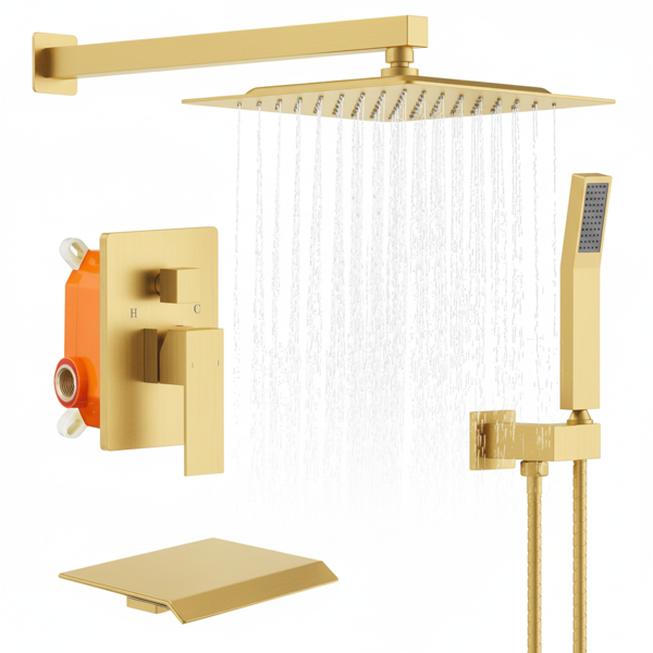 Système de douche pluie or brossé, ensemble robinet baignoire 10" carré avec douchette