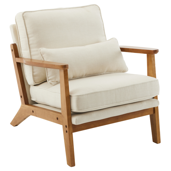 Fauteuil lounge simple bras chêne tissu blanc cassé