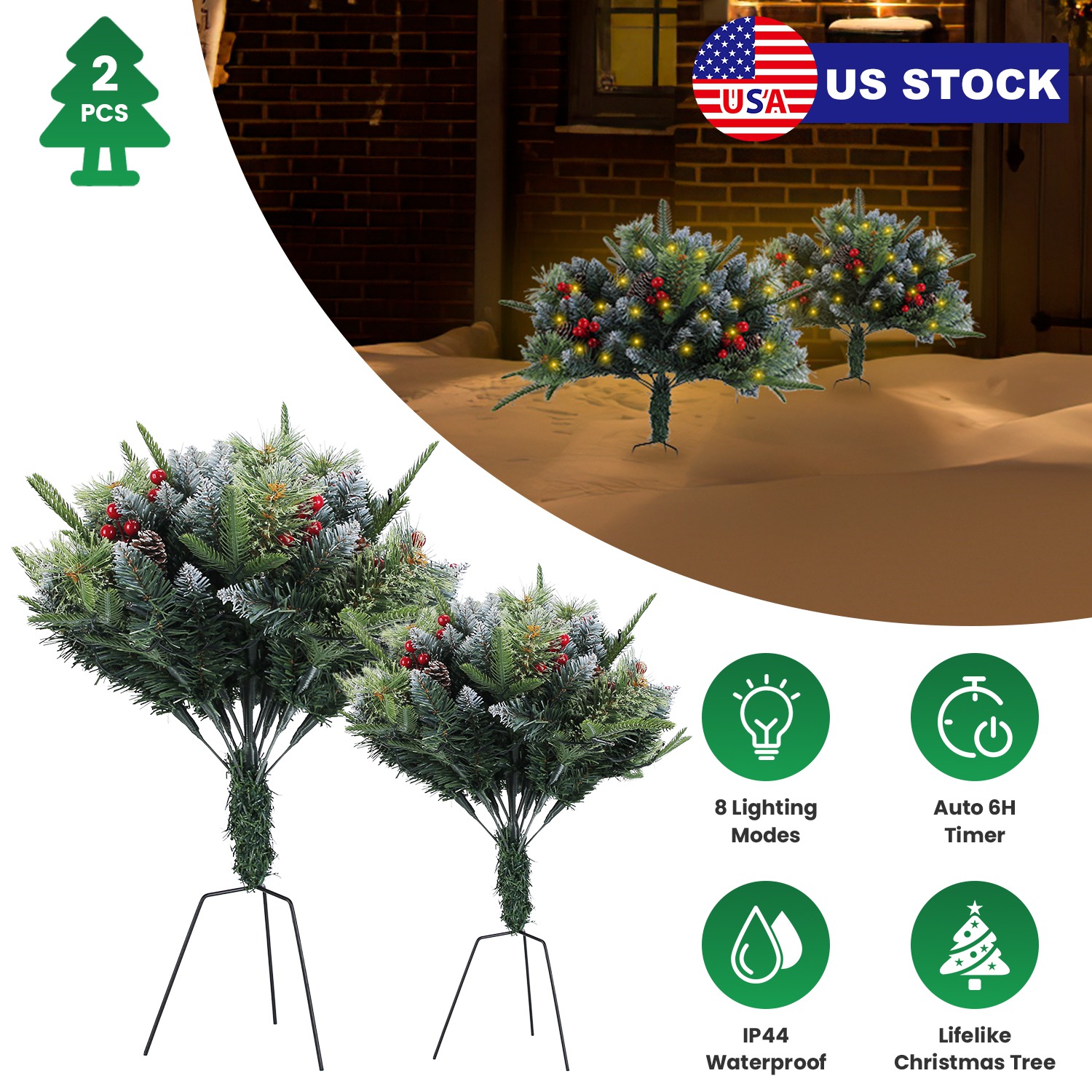 2 sapins urne DEL 50 perles, cônes, baies, IP44, trépied