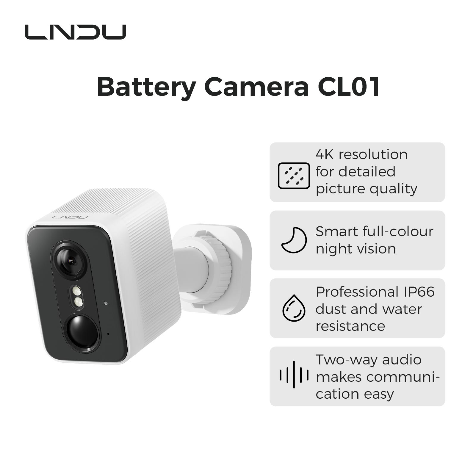Caméra sécurité LNDU CL01 4K sans fil, vision infrarouge, détection corps
