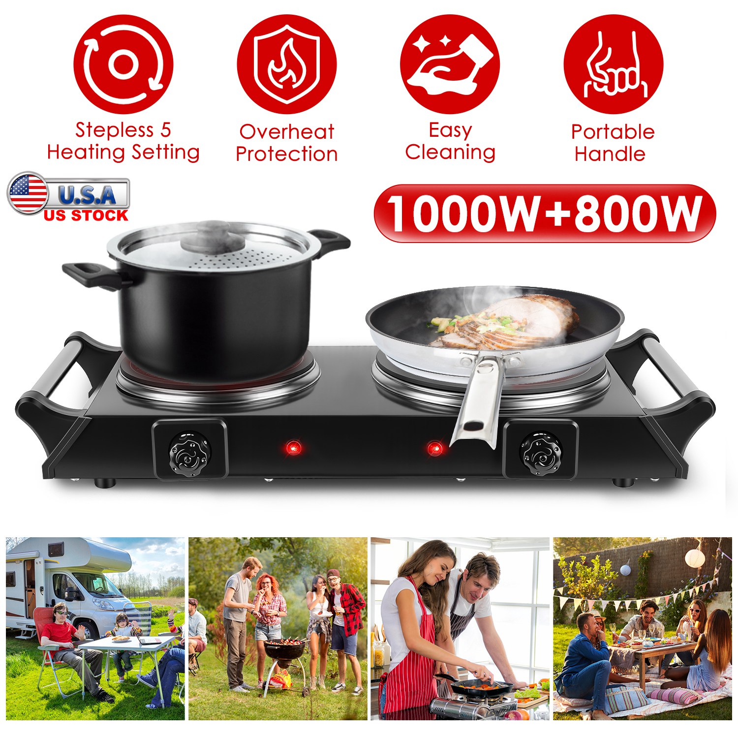 Cuisinière portable 1800W double brûleur, 5 températures, VR