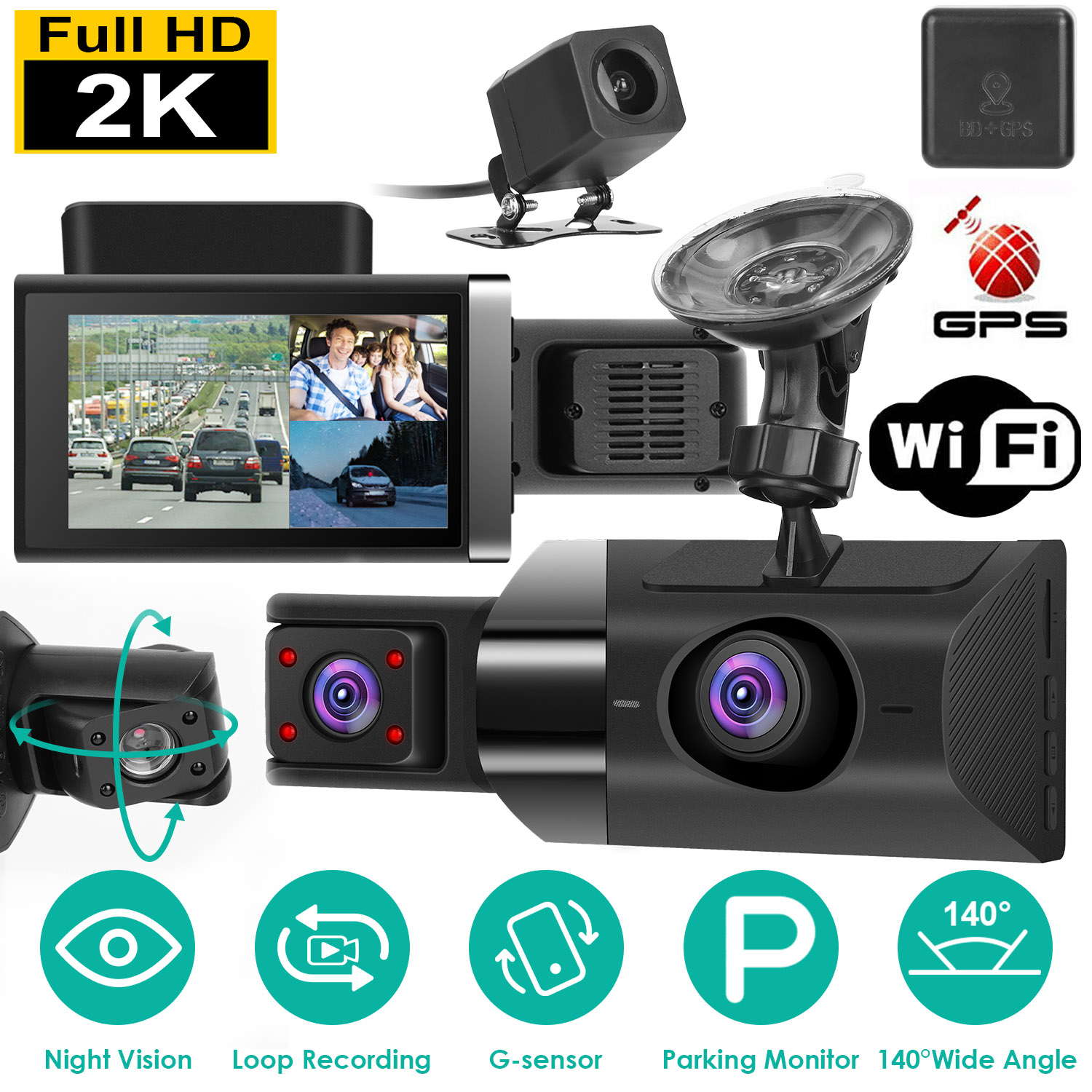 Dashcam 3 voies 2K GPS WiFi 140° Vision nuit