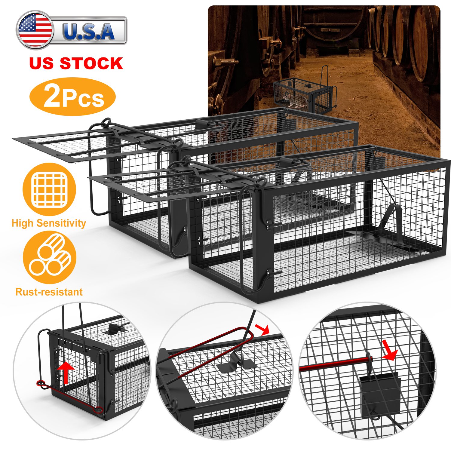 2x Piège rongeur cage vivante fer galvanisé, tige U détachable