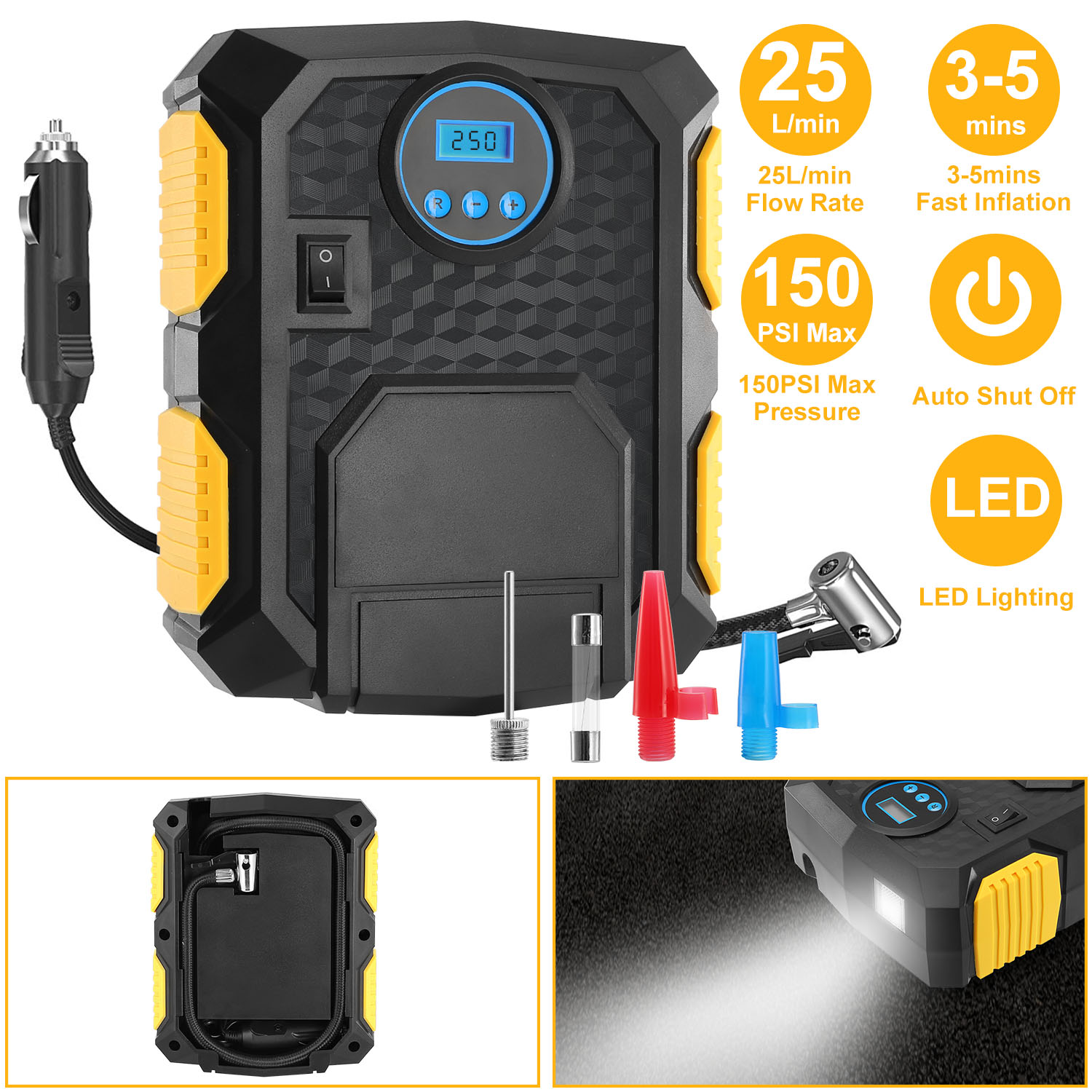 Gonfleur 12V CC 120W 150PSI LCD compresseur air 25L/min