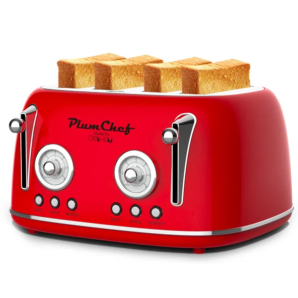 Grille-Pain Rétro 4 Tranches Rouge 1650W 6 Niveaux