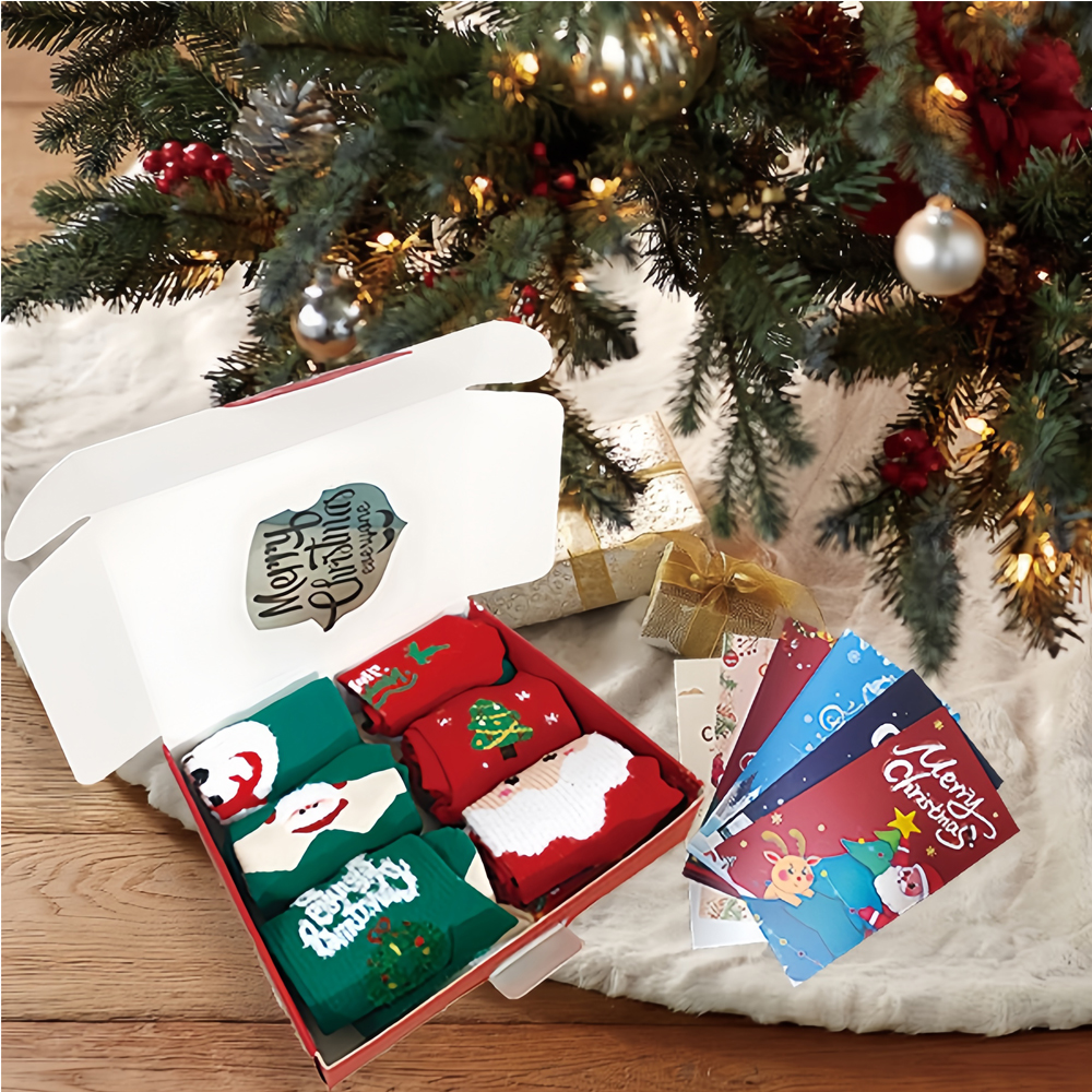 Ensemble 6 bas de Noël avec 6 cartes de vœux et boîte cadeau