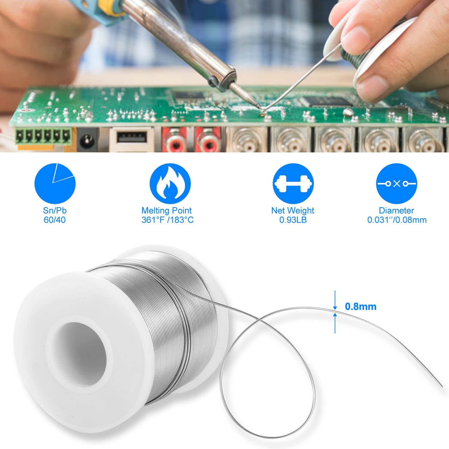Fil à souder 60/40 étain plomb 0,8mm 1lb flux colophane