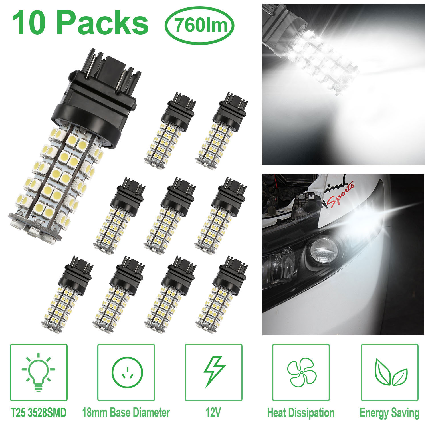 10pc Ampoules LED auto T25 3528SMD 6000K blanc pur 760lm