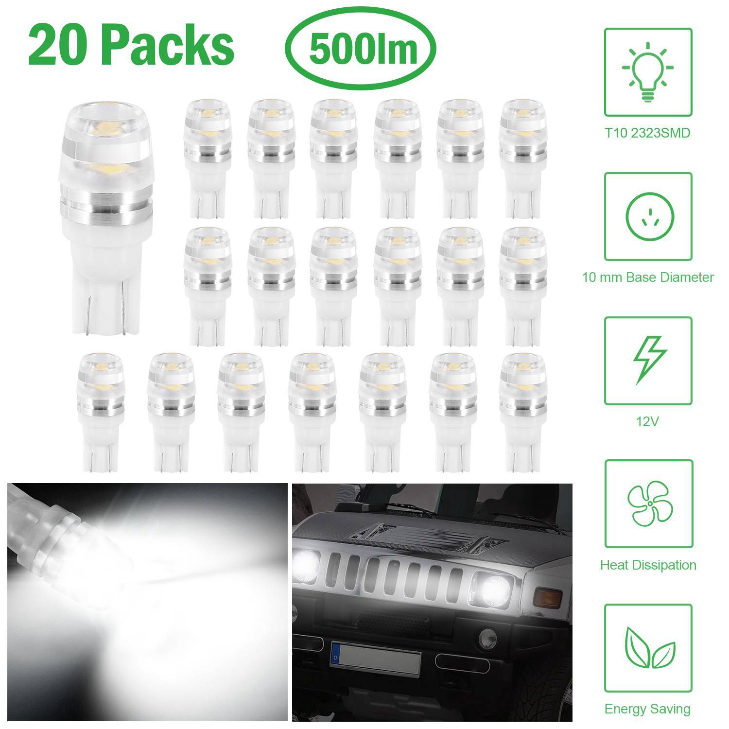 20pc Ampoules LED auto T10 2323SMD 6500K blanc 500lm