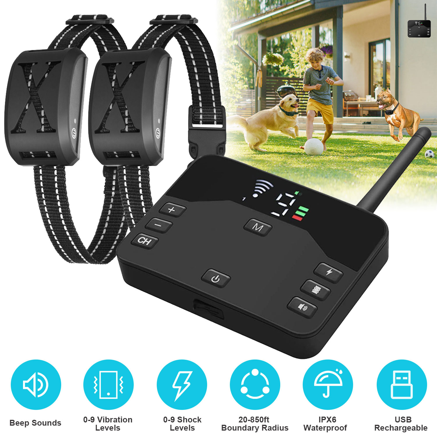 Clôture chien électrique sans fil 2en1, 2 colliers, rechargeable