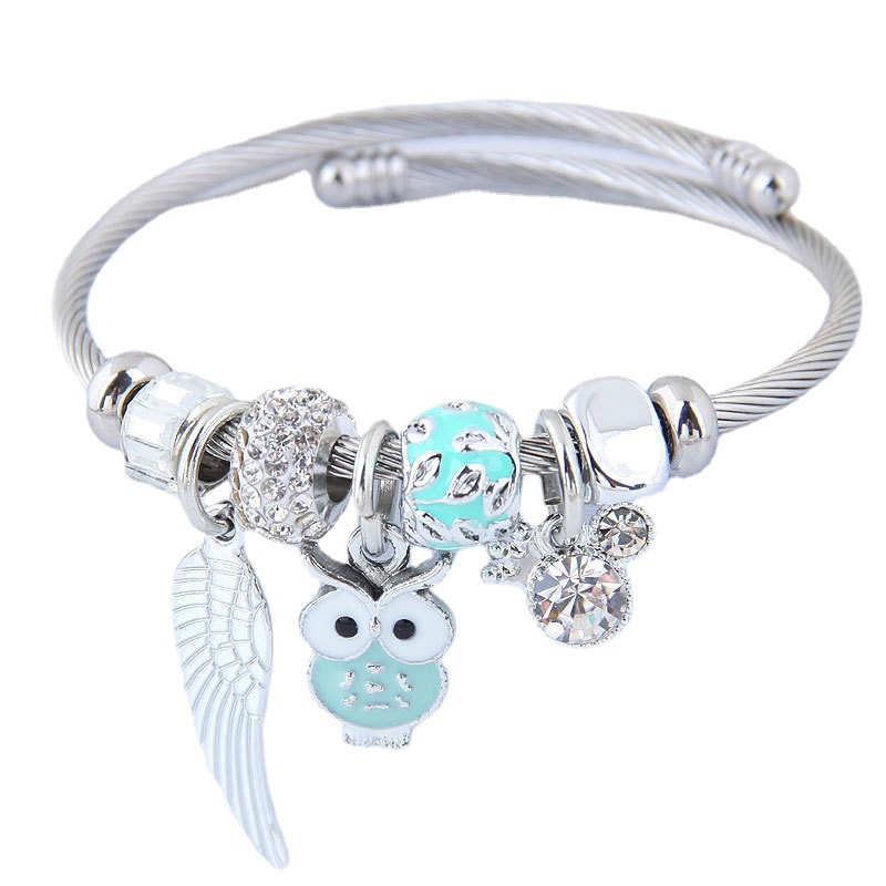 Bracelet Acier Inoxydable Pendentif Ange Chouette Perles