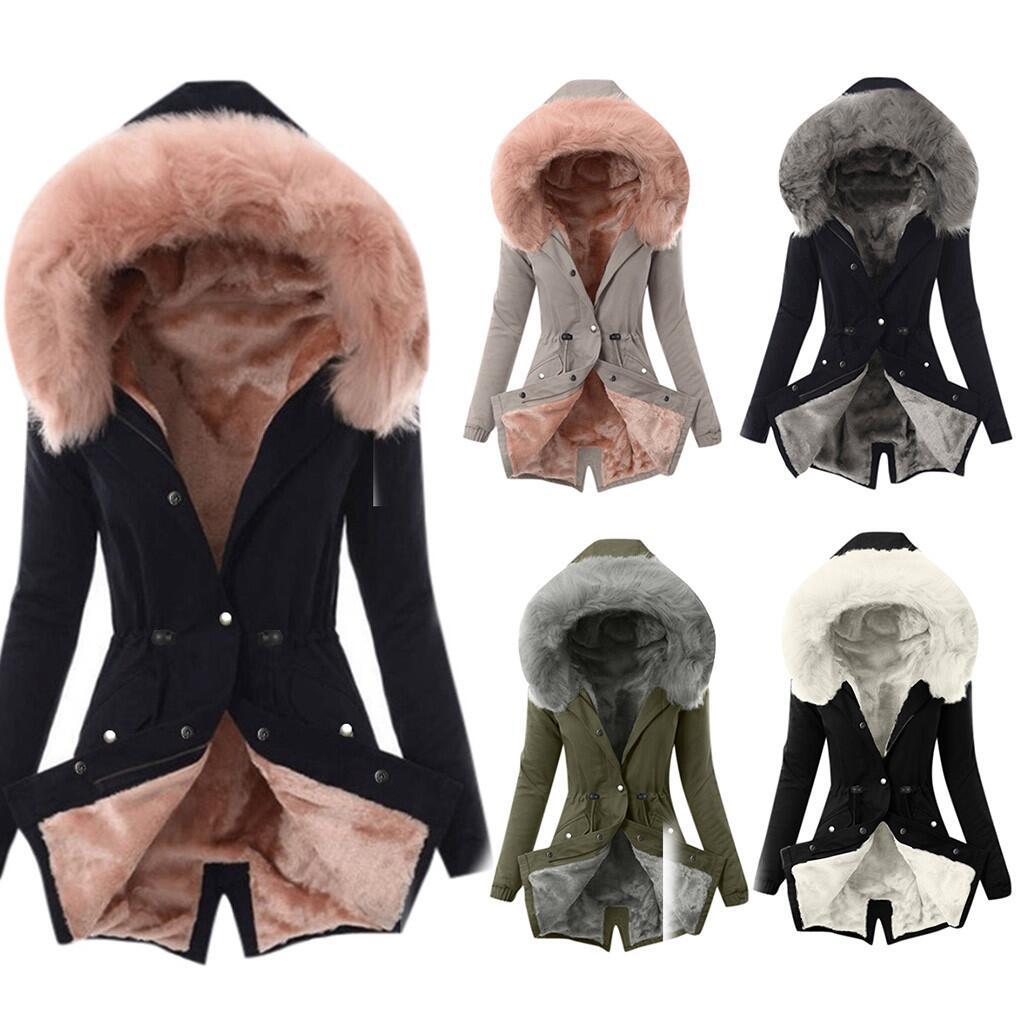 Manteau coton cordon col fourrure couleur unie