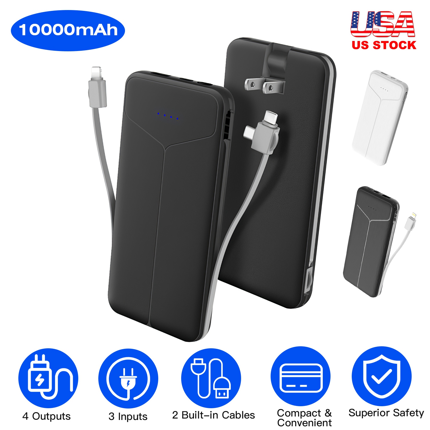 Batterie externe 10000mAh 2 câbles intégrés 4 sorties
