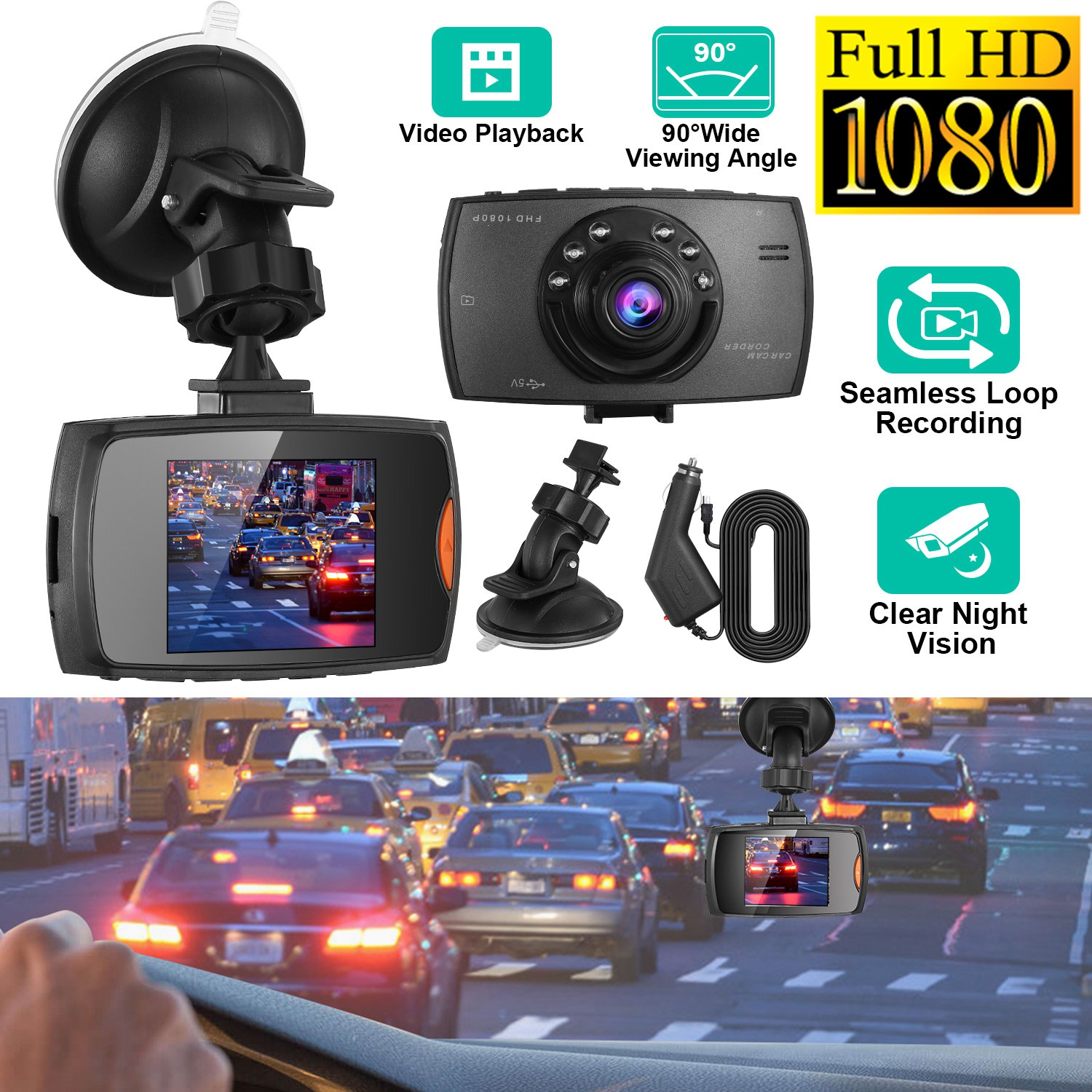 Caméra DVR auto 1080P 90° enregistrement boucle vision nuit