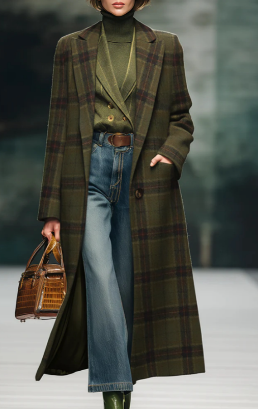 Manteau plaid rétro ample longueur mi-longue
