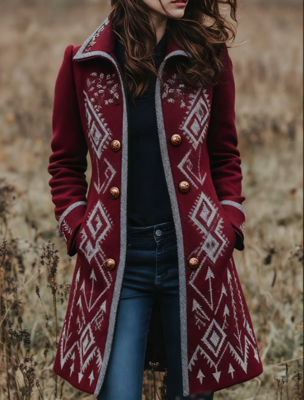 Manteau laine motif géométrique mi-long casual