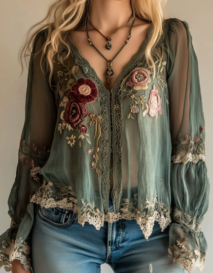Haut dentelle brodée florale col V
