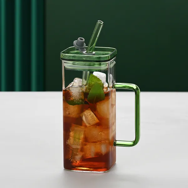 Verre vert avec paille carrée, 6 couleurs, couvercle inclus
