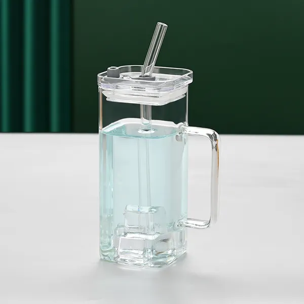 Verre transparent avec paille carrée, 6 couleurs, couvercle inclus