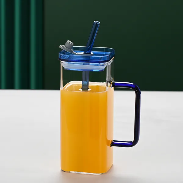Verre bleu avec paille carrée, 6 couleurs, couvercle inclus
