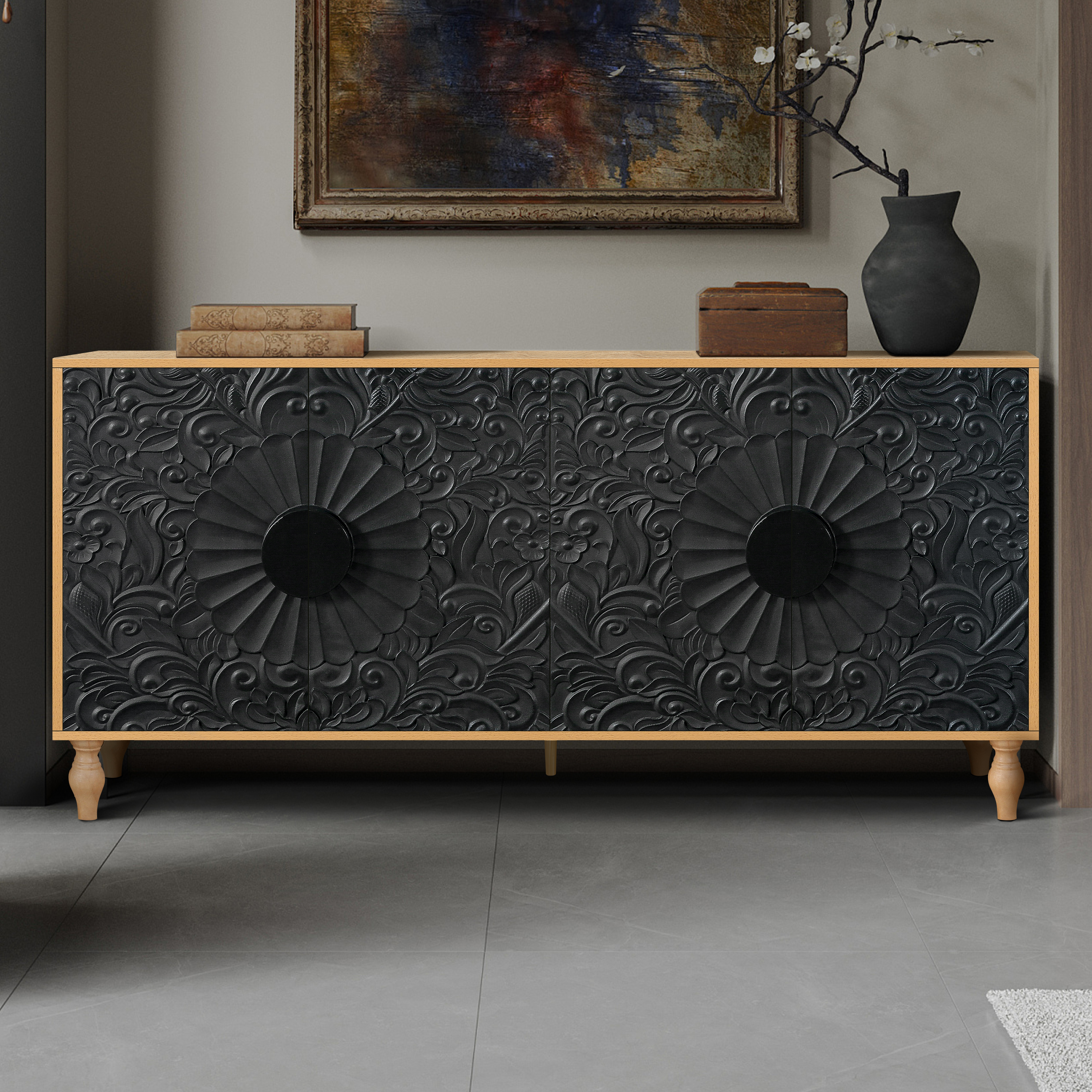 Meuble TV design symétrique noir, cadre bois, salle séjour