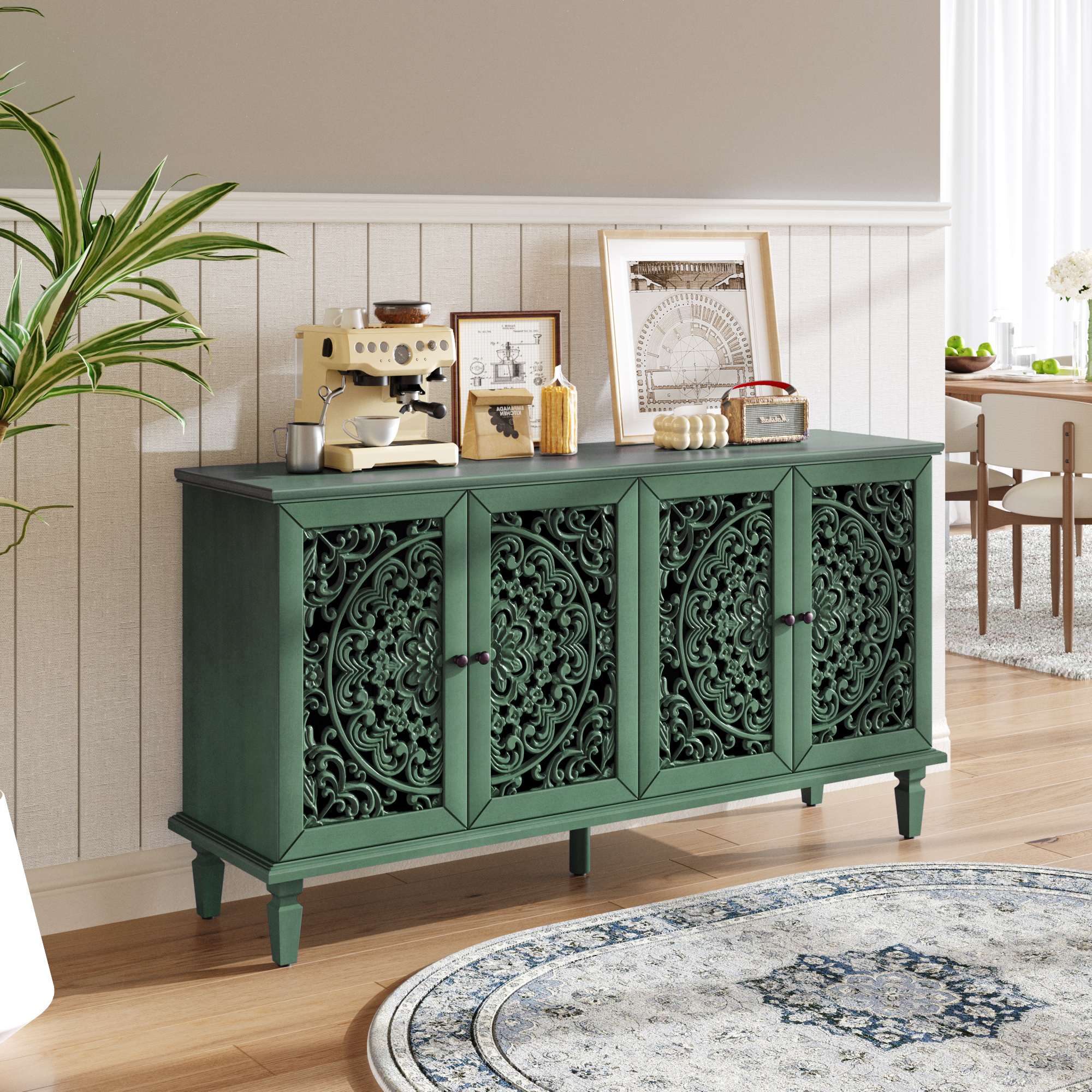 Buffet 60po bois sculptés poignées laiton vert antique