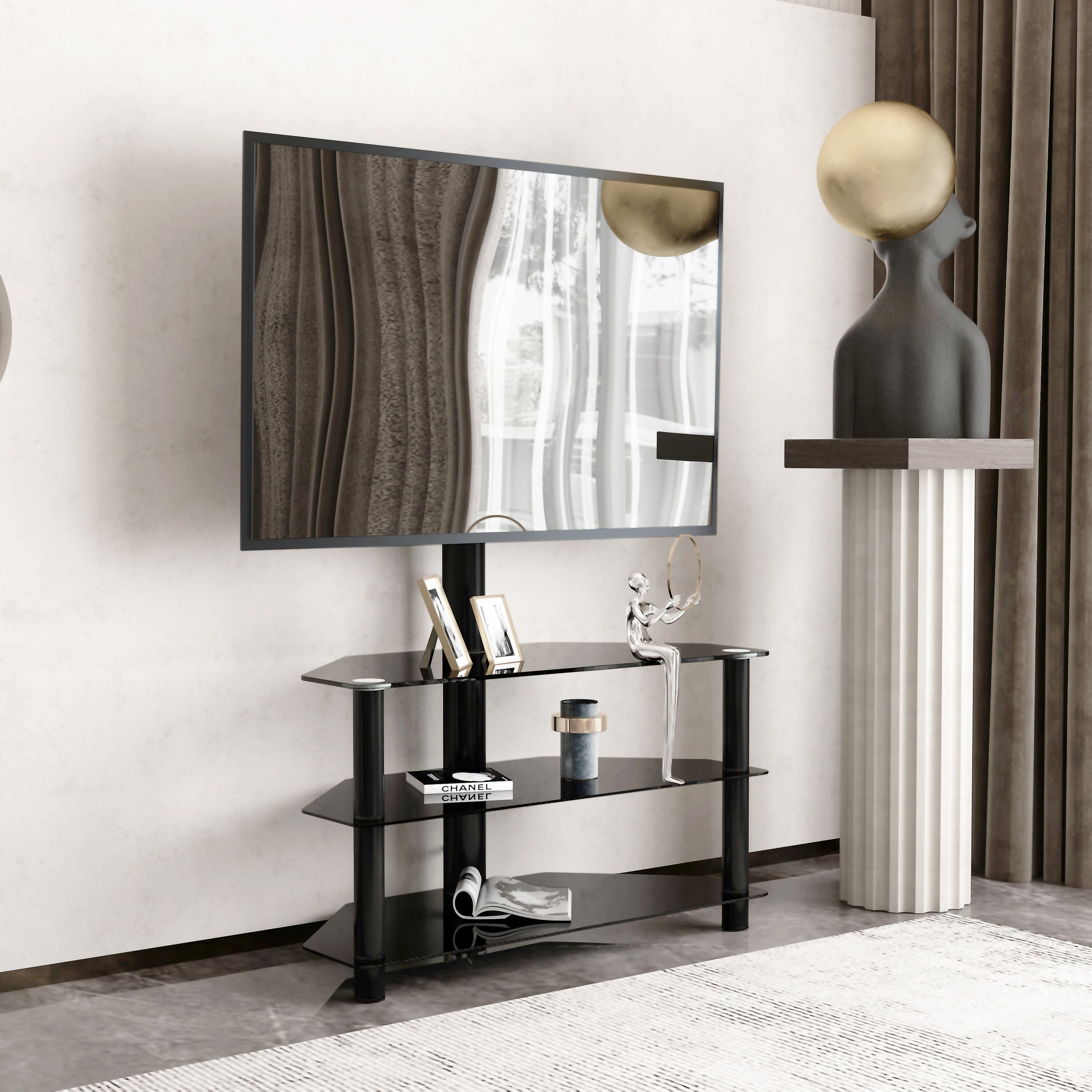 Support TV 35,4 po noir, hauteur ajustable, 3 tablettes