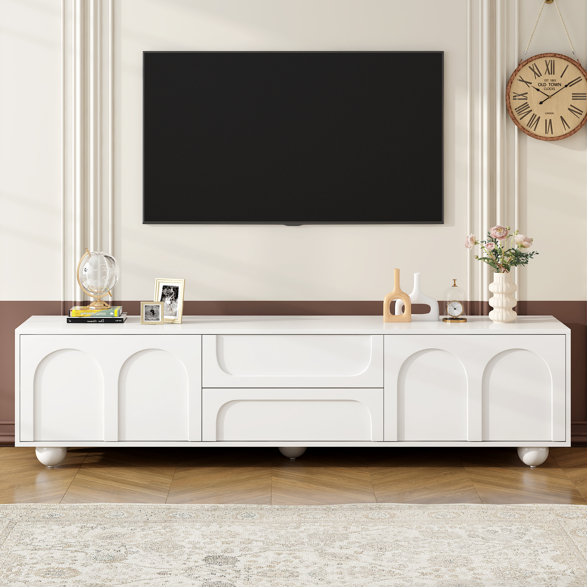 Meuble TV crème portes arquées 2 tiroirs jusqu'à 75po, blanc