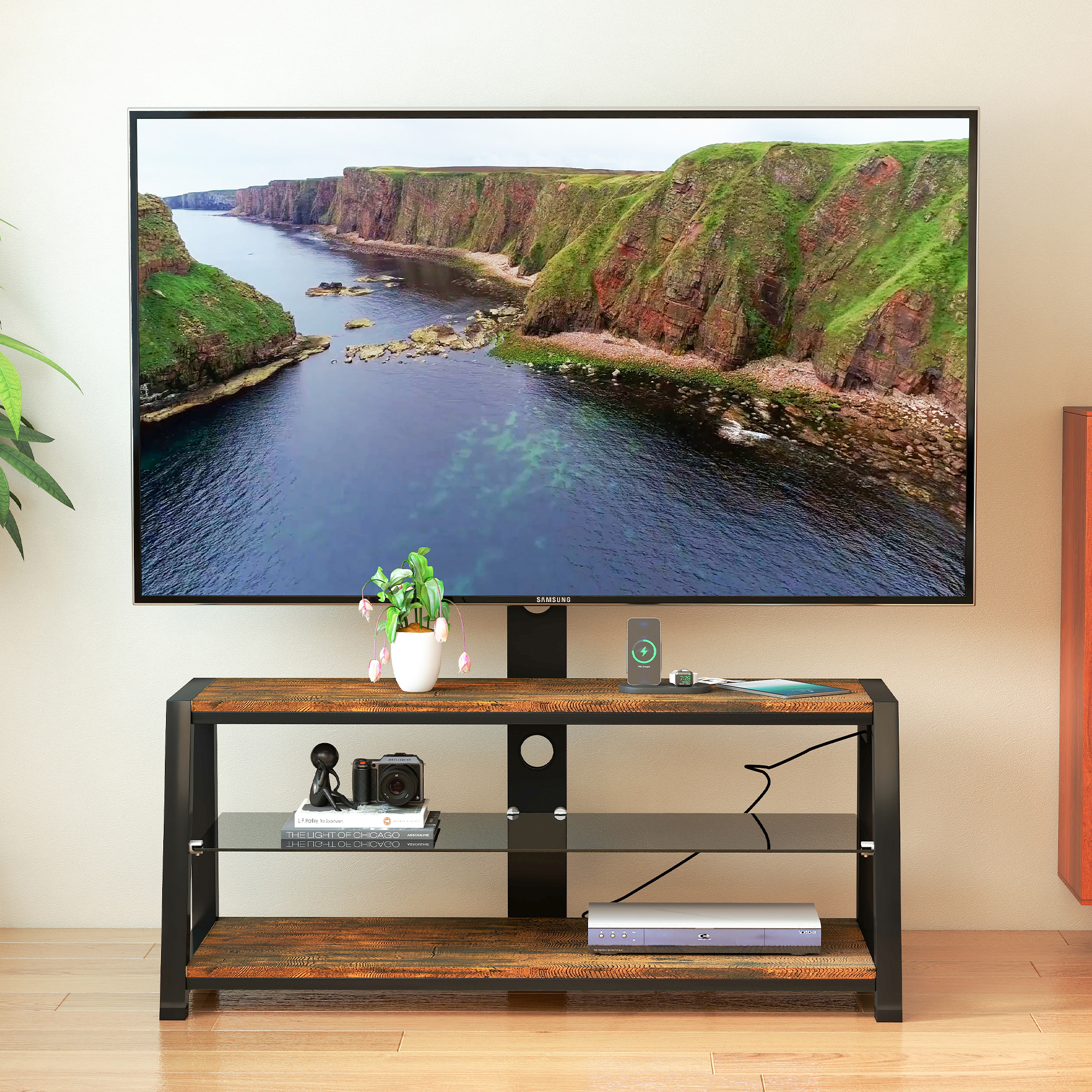 Meuble TV bois verre trempe ajustable universel rotatif