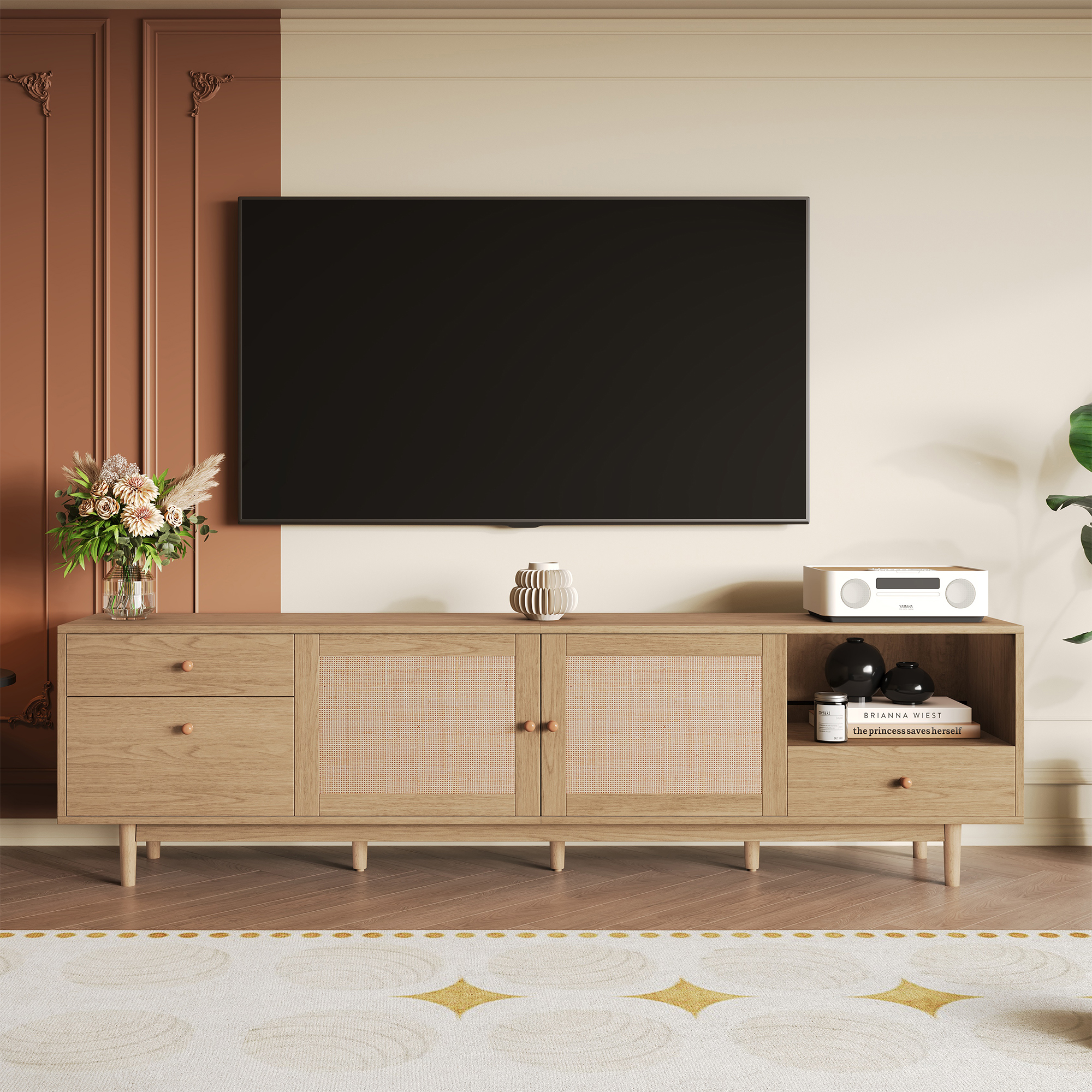 Meuble TV 65-85po boho bois rattan tiroirs rangement