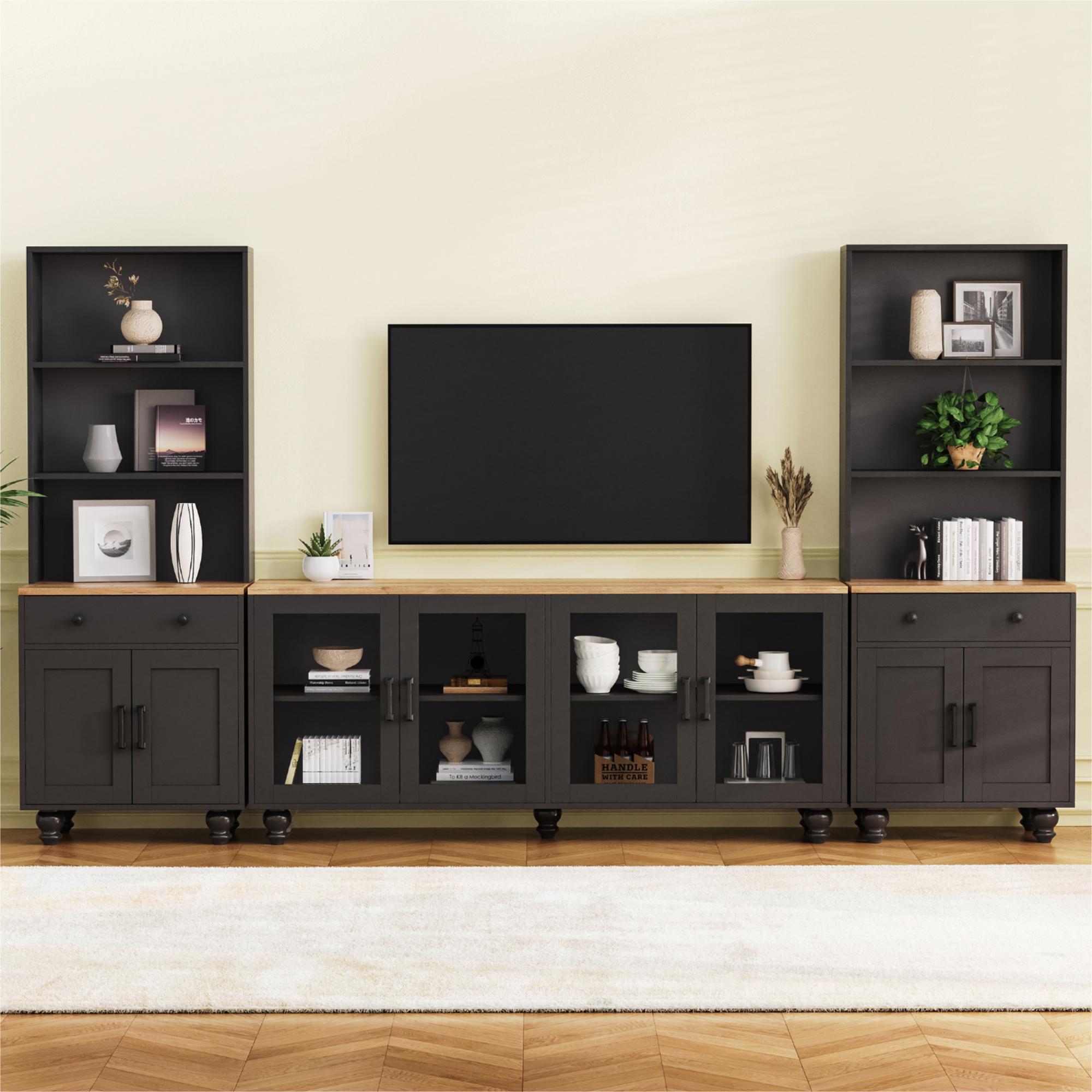 Meuble TV ferme 104" bois portes verre noir