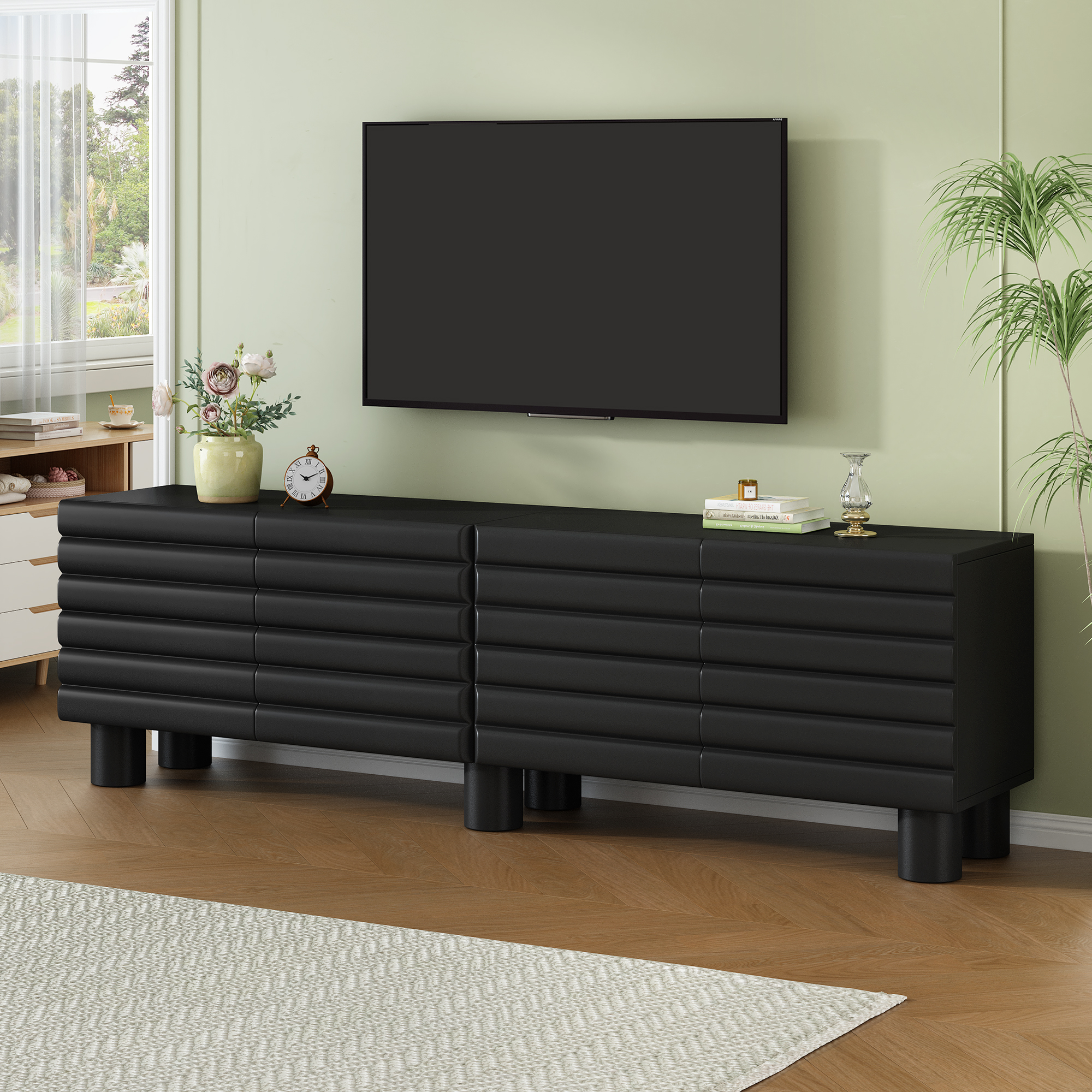 Meuble TV noir portes ondulées, 4 cabinets, 75", pieds cylindriques