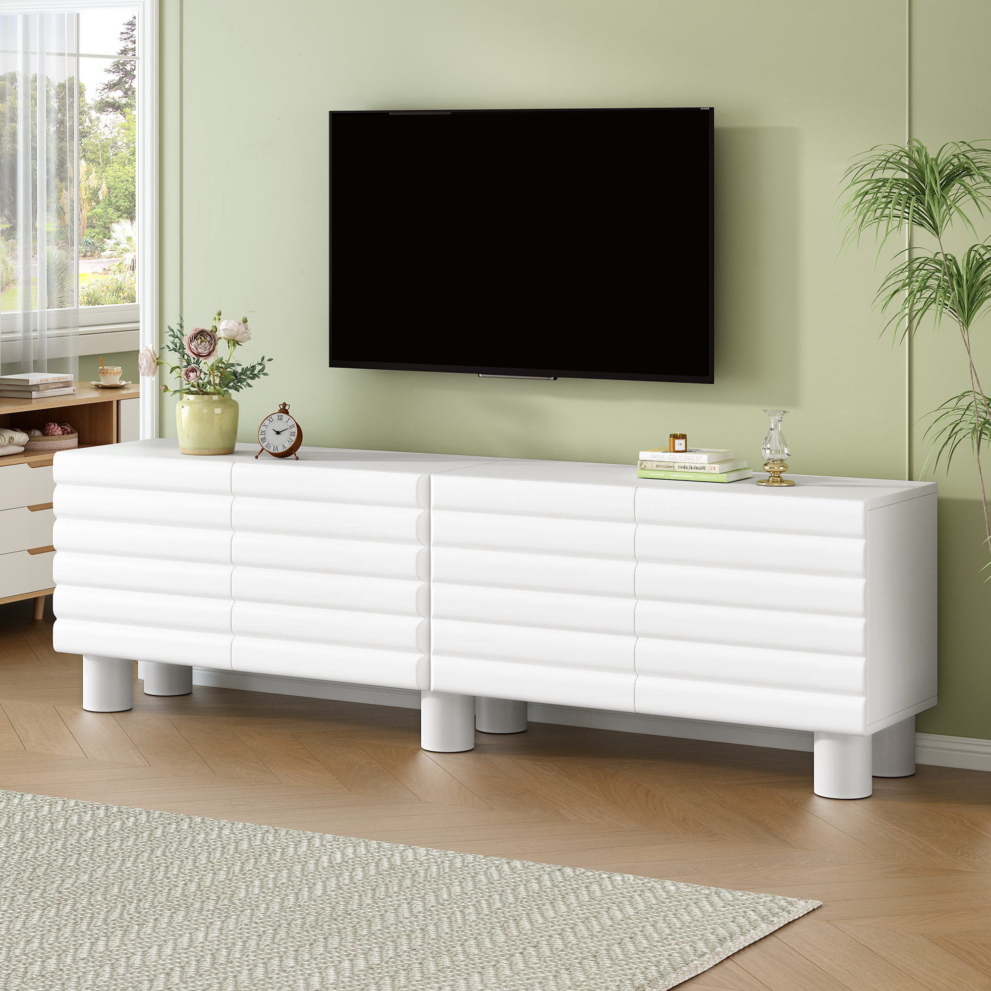 Meuble TV blanc portes ondulées, 4 cabinets, 75", pieds cylindriques