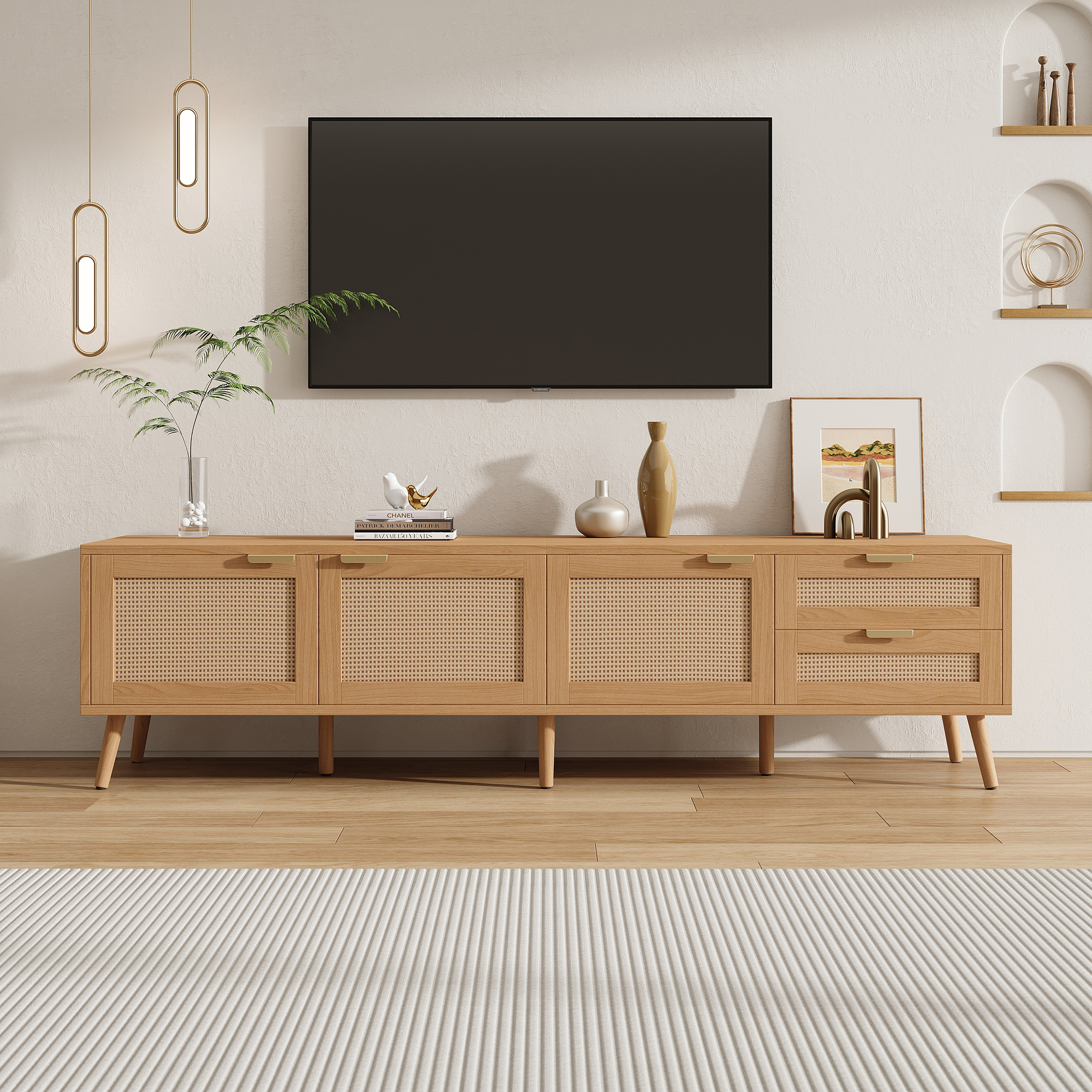 Meuble TV 70 po Portes Rotin TVs 80 po Console Multimédia 2 Tiroirs