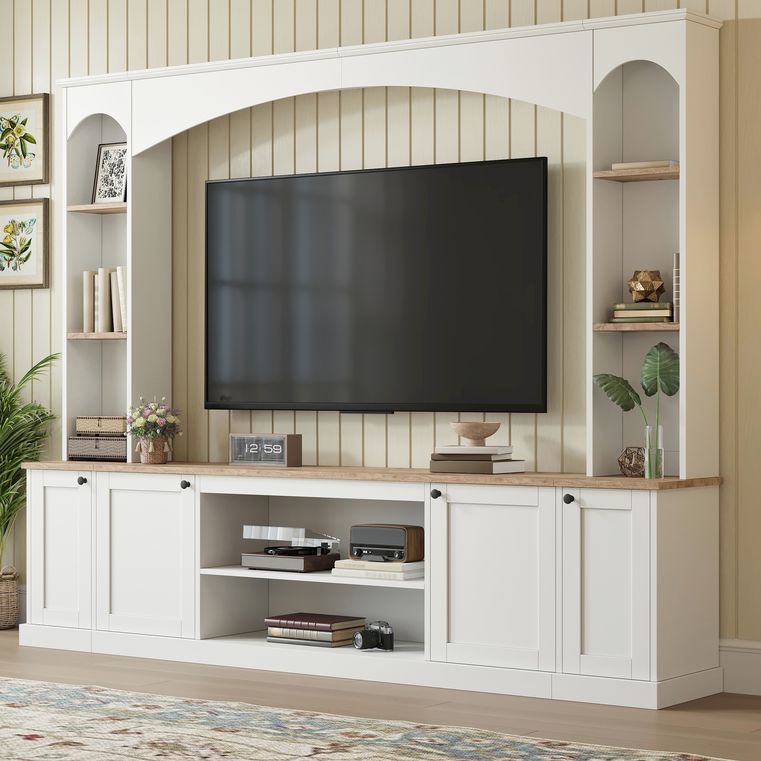 Centre divertissement mur 91po bois ferme style TV 70po blanc