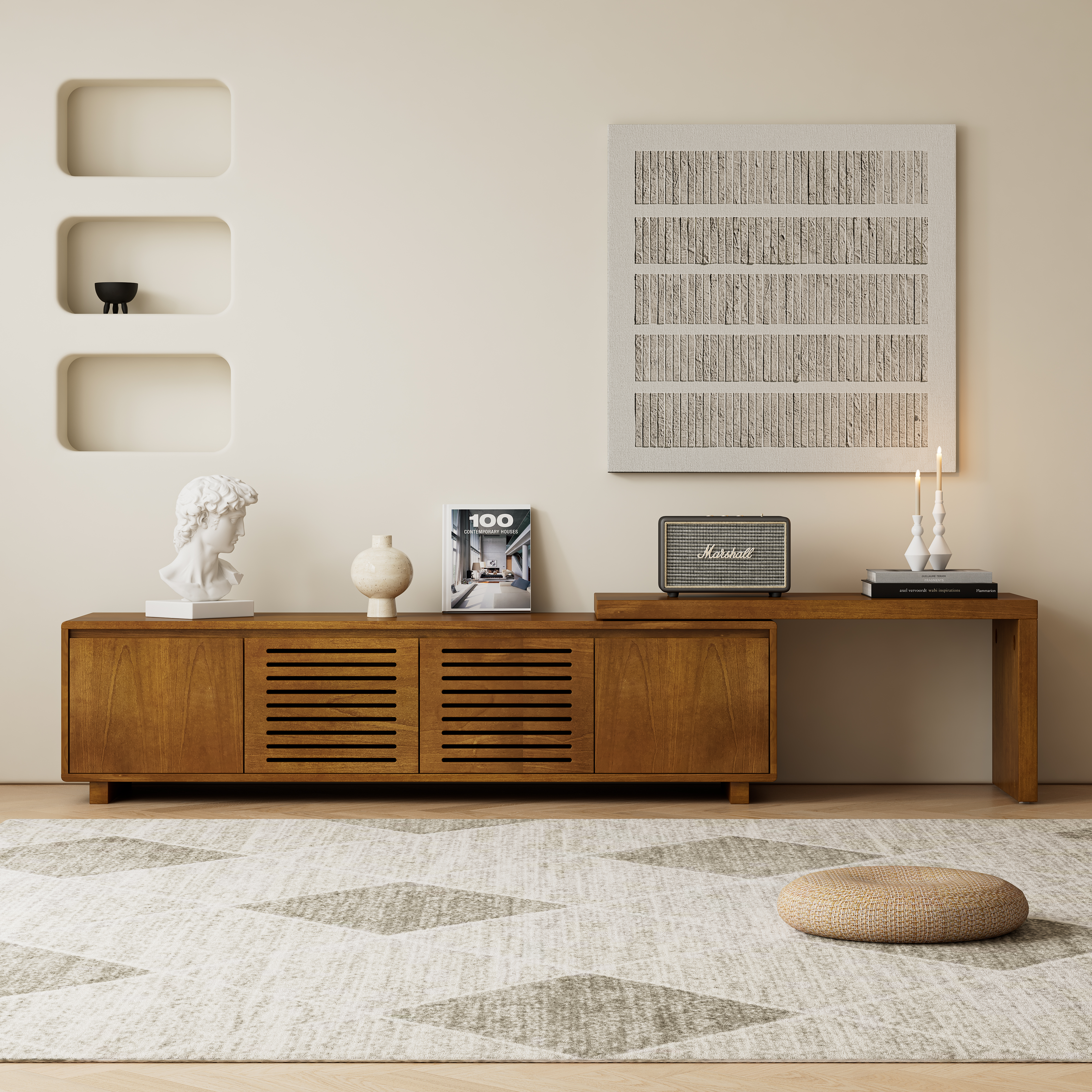 Meuble TV 63" mi-siècle acajou 75" rangement ajustable