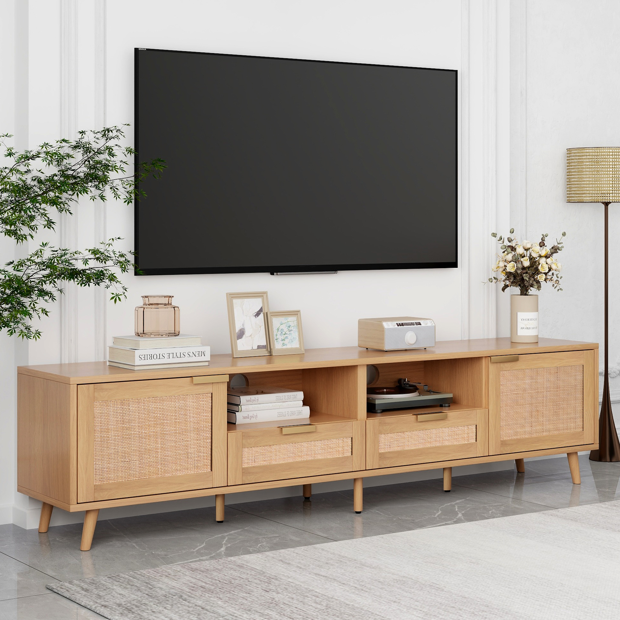 Meuble TV rotin 85" style fermette pieds bois massif