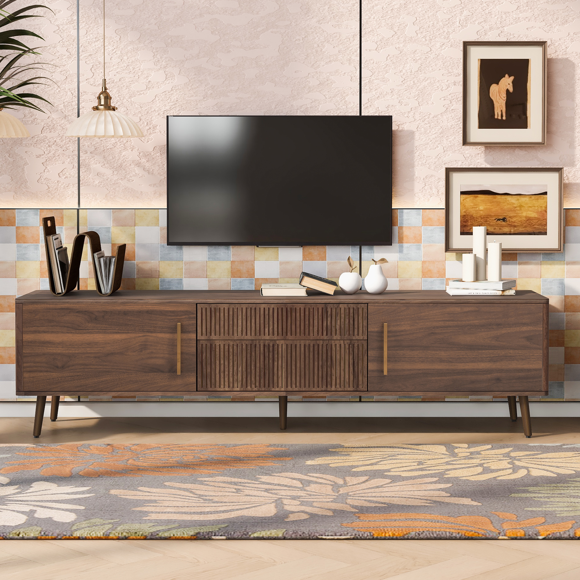 Meuble TV mi-siècle 2 tiroirs, console divertissement 80''