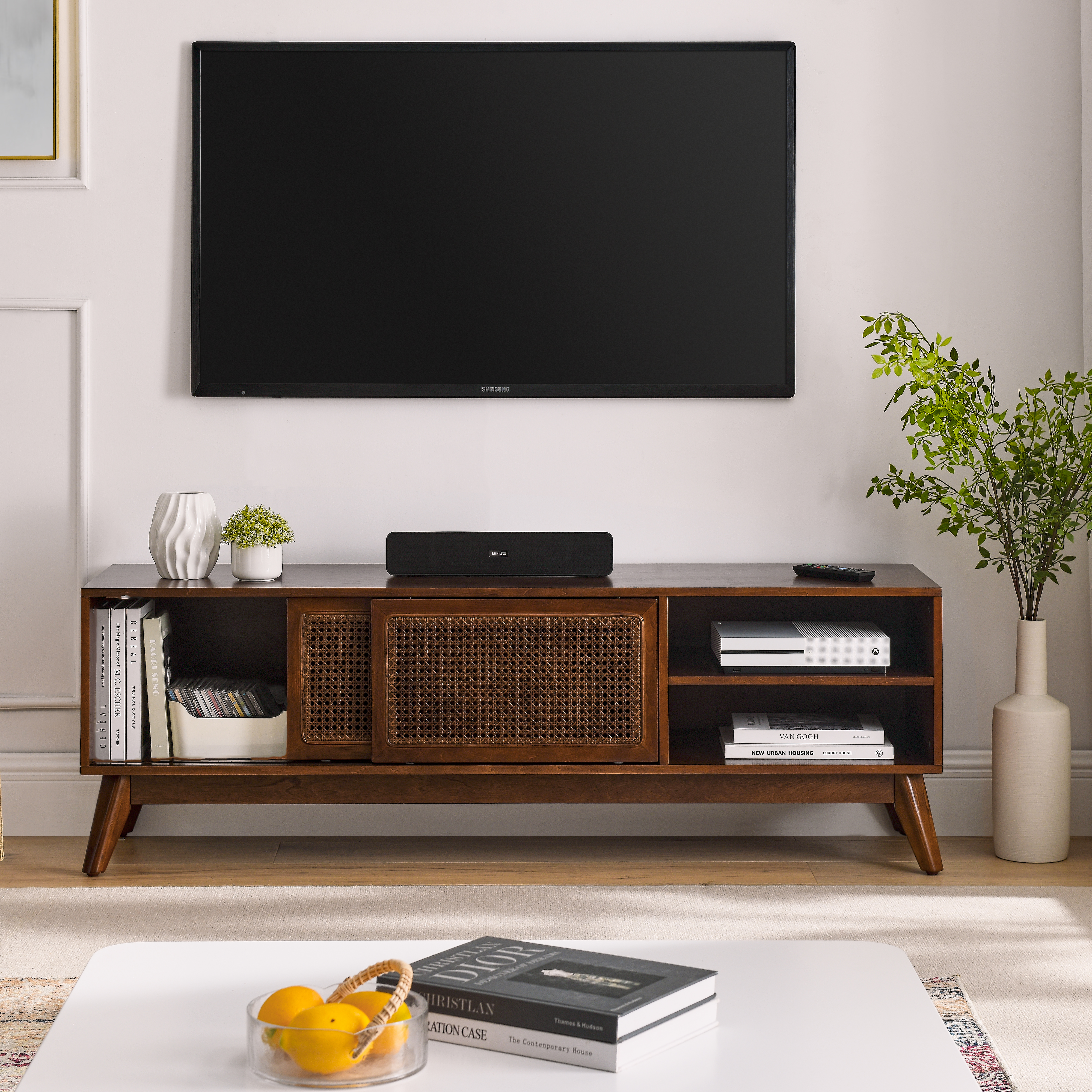 Meuble TV 59po rotin bois foncé