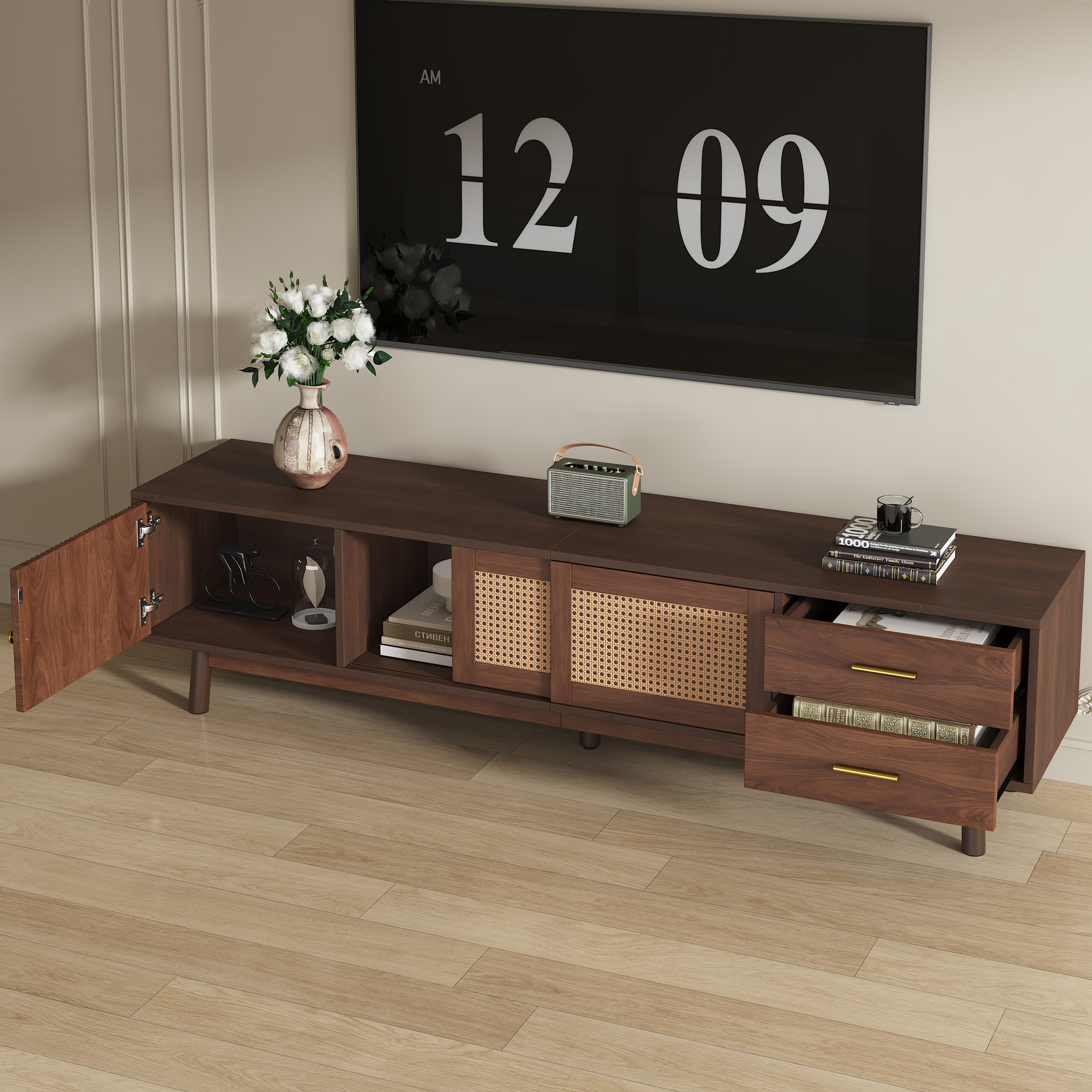 TOPMAX Meuble TV 80po portes coulissantes tiroirs bois