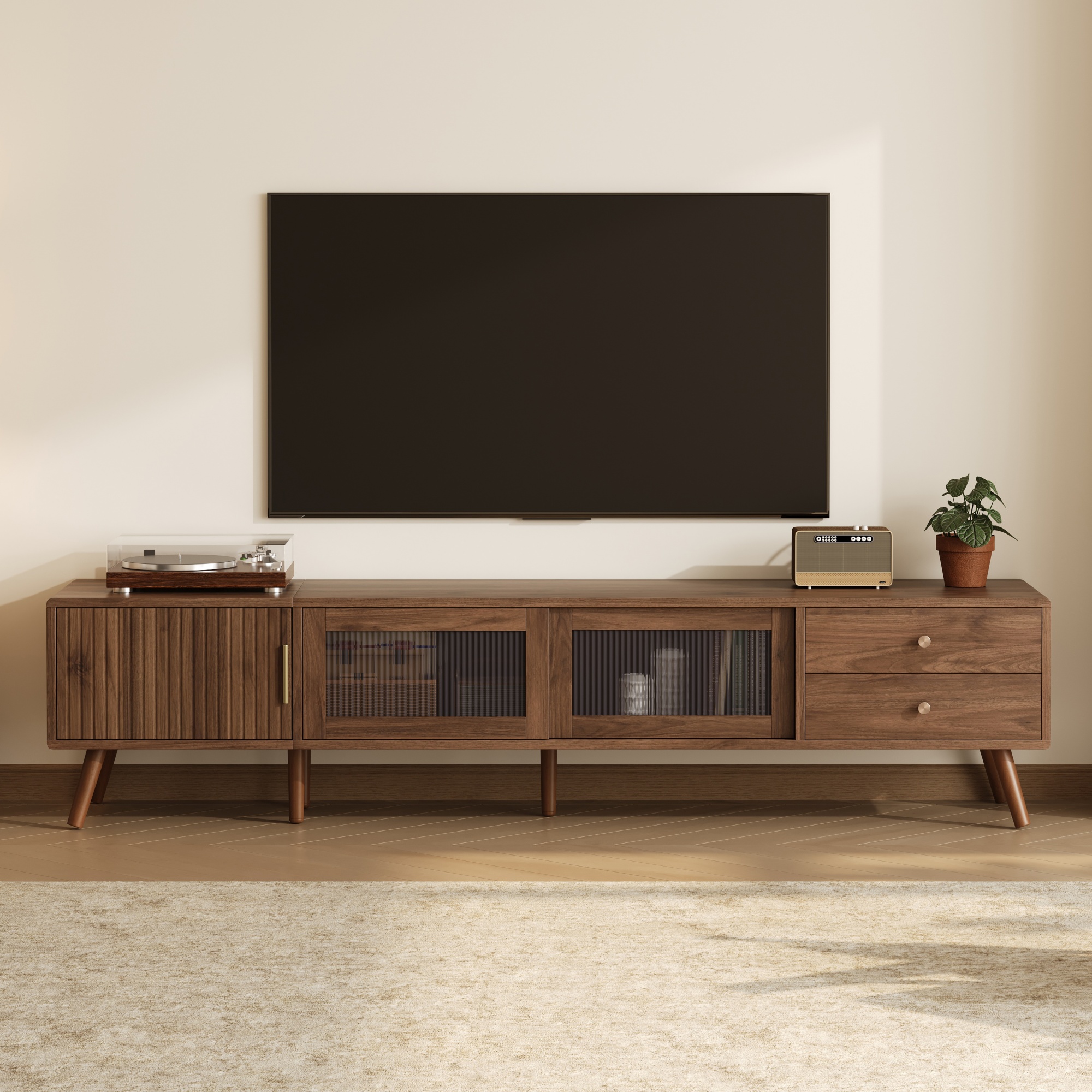 Meuble TV 76 po portes verre grain bois 85 po